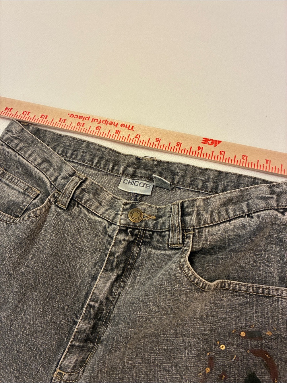 Chico's Gray Flare Jeans with Paisley Embroidery - Picture 7 of 15